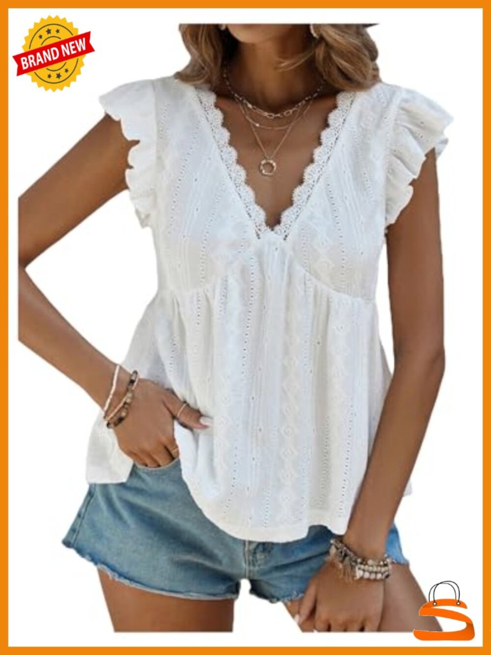 Lace Trimmed V Neck Ruffle Sleeve Flared Eyelet Tank Blouse Top